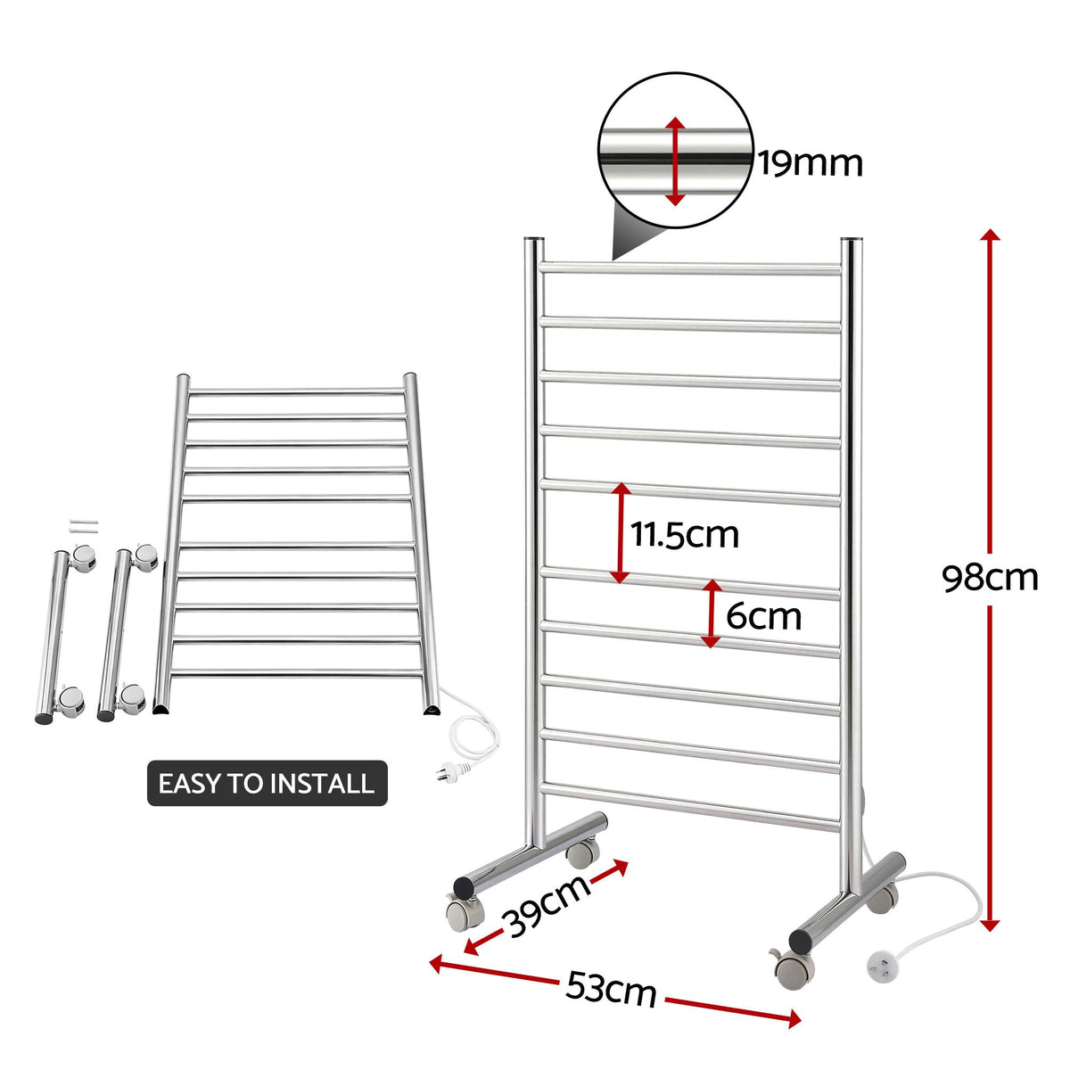 10-Bar Freestanding Heated Towel Rail 3-5 Mins Fast Heating Electric Towel Warmer for