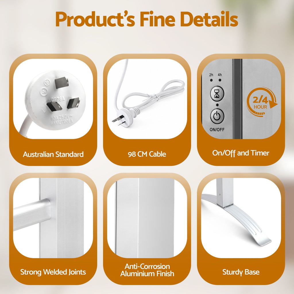 Electric Heated Towel Rail Rack 6 Bars with Timer Clothes Dry Warmer