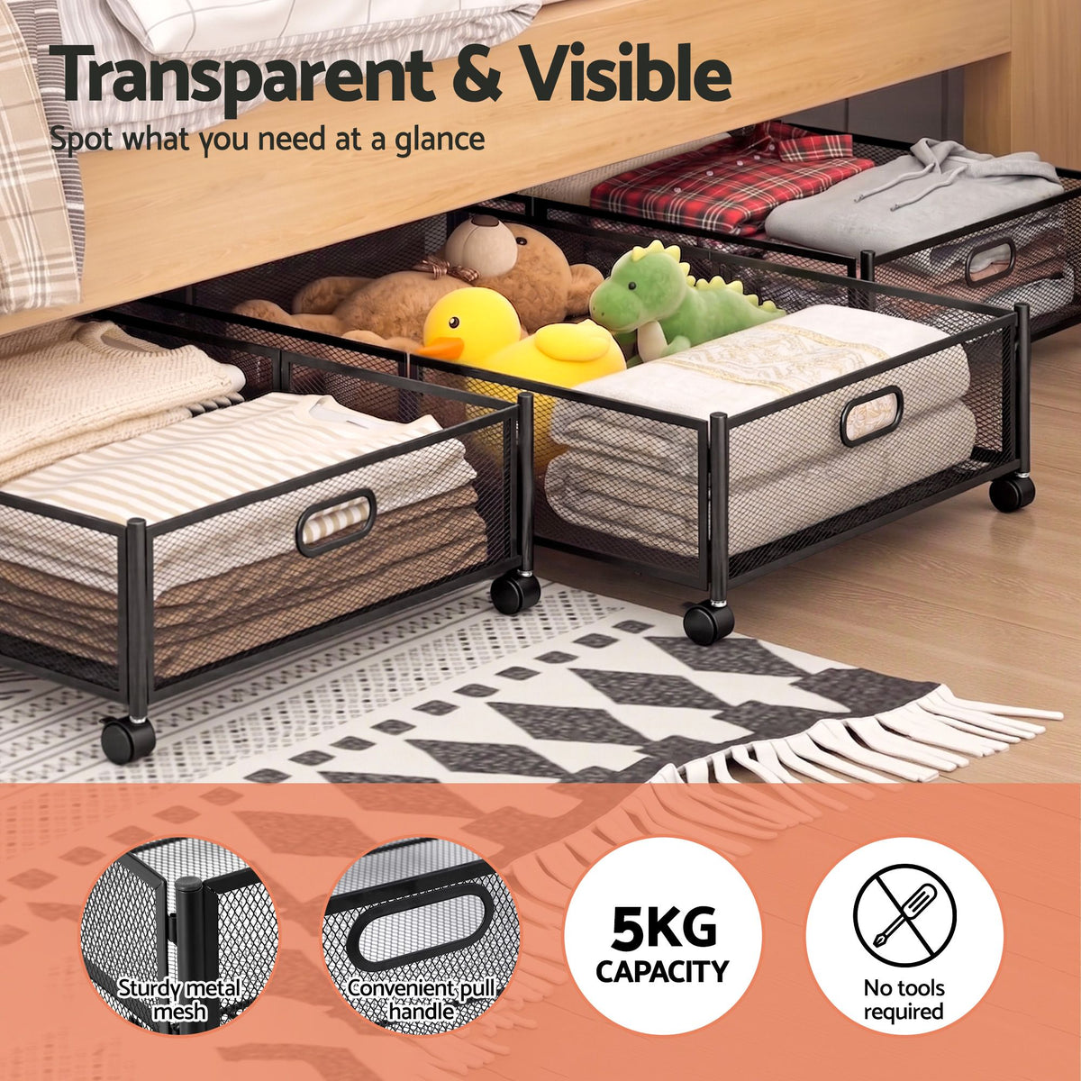 2X Under Bed Storage Containers Metal Boxes Quilt Organiser with Wheels