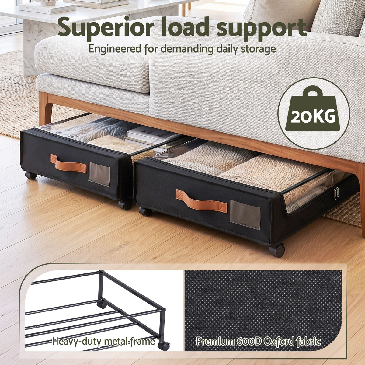 2X Under Bed Storage Containers 48L Clothes Organiser Wheels Oxford Black