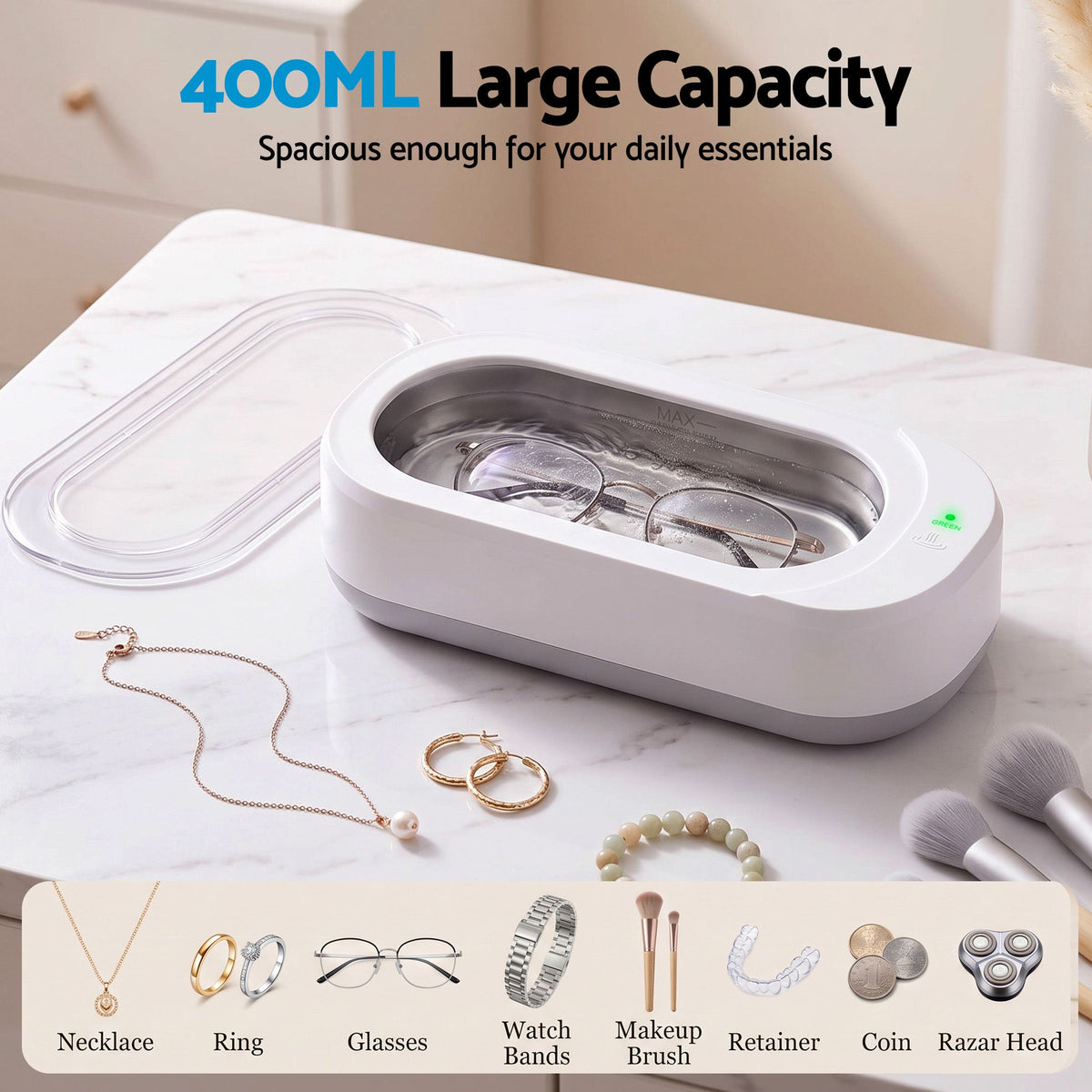 Ultrasonic Jewellery Cleaner 46kHz 400ml Cleaning Machine with Stainless Steel Tank White
