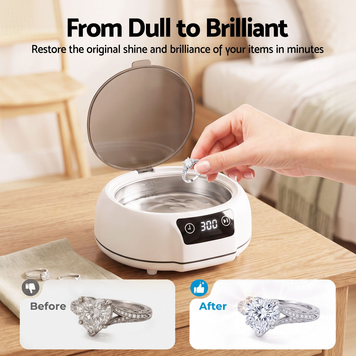 Ultrasonic Cleaner 700mL 48kHz Jewellery Cleaning Machine with Stainless Steel Tank White