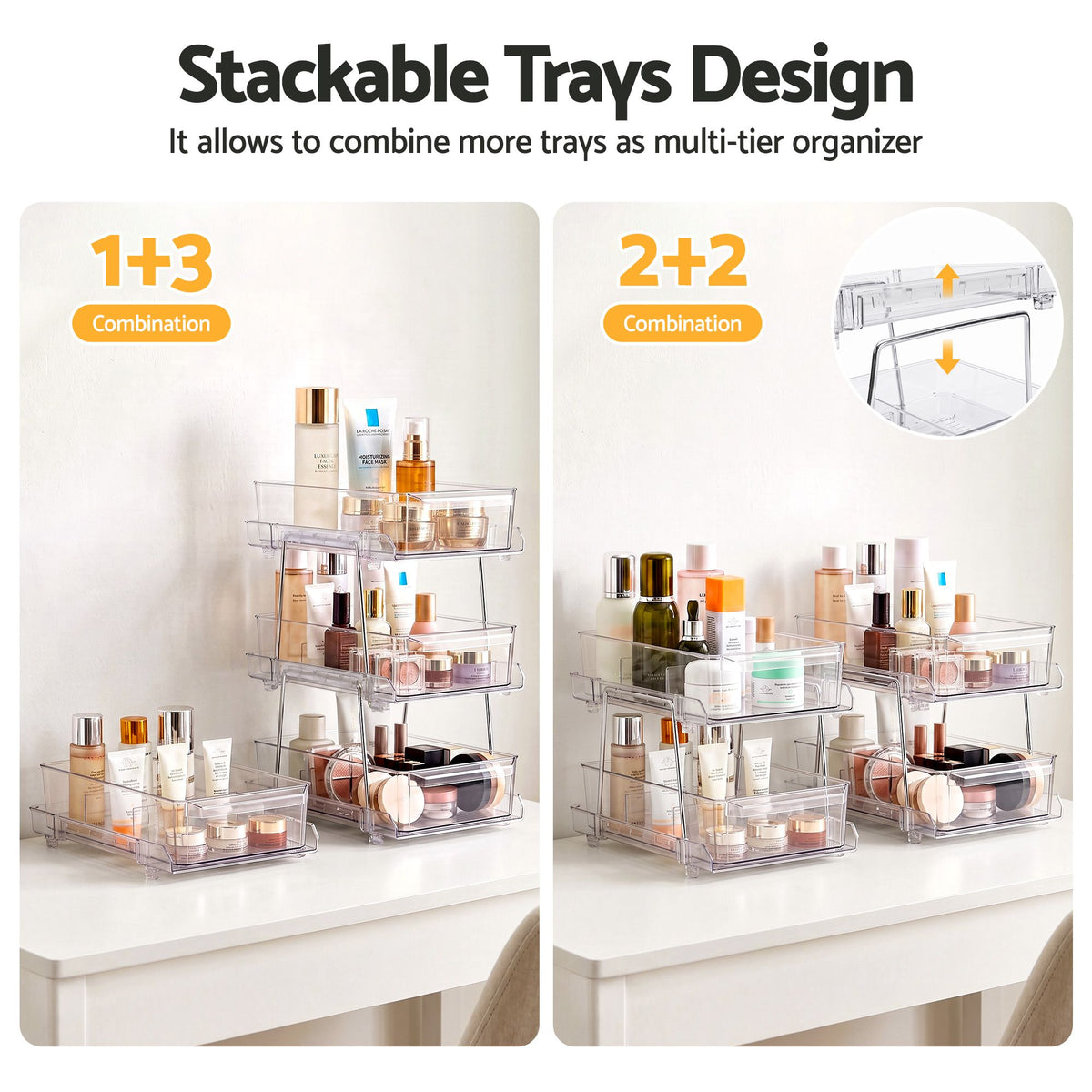 2 Pack Clear Pull Out Cabinet Organiser 2 Tier Storage Drawers