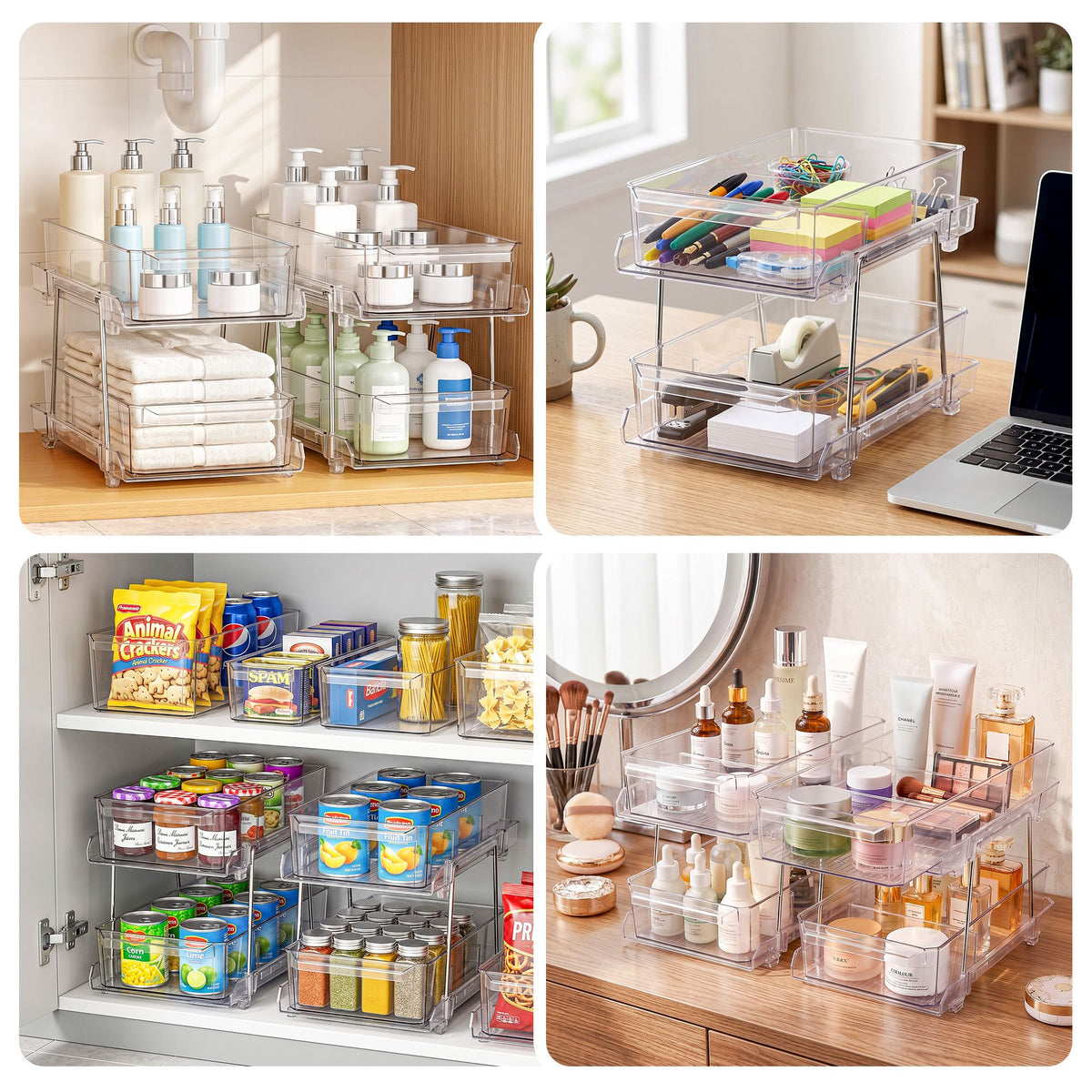 2 Pack Clear Pull Out Cabinet Organiser 2 Tier Storage Drawers