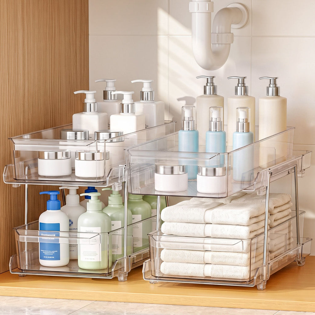 2 Pack Clear Pull Out Cabinet Organiser 2 Tier Storage Drawers