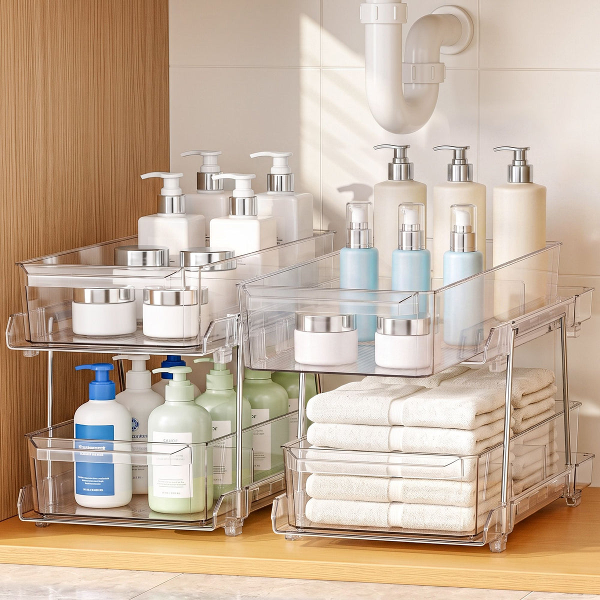 2 Pack Clear Pull Out Cabinet Organiser 2 Tier Storage Drawers