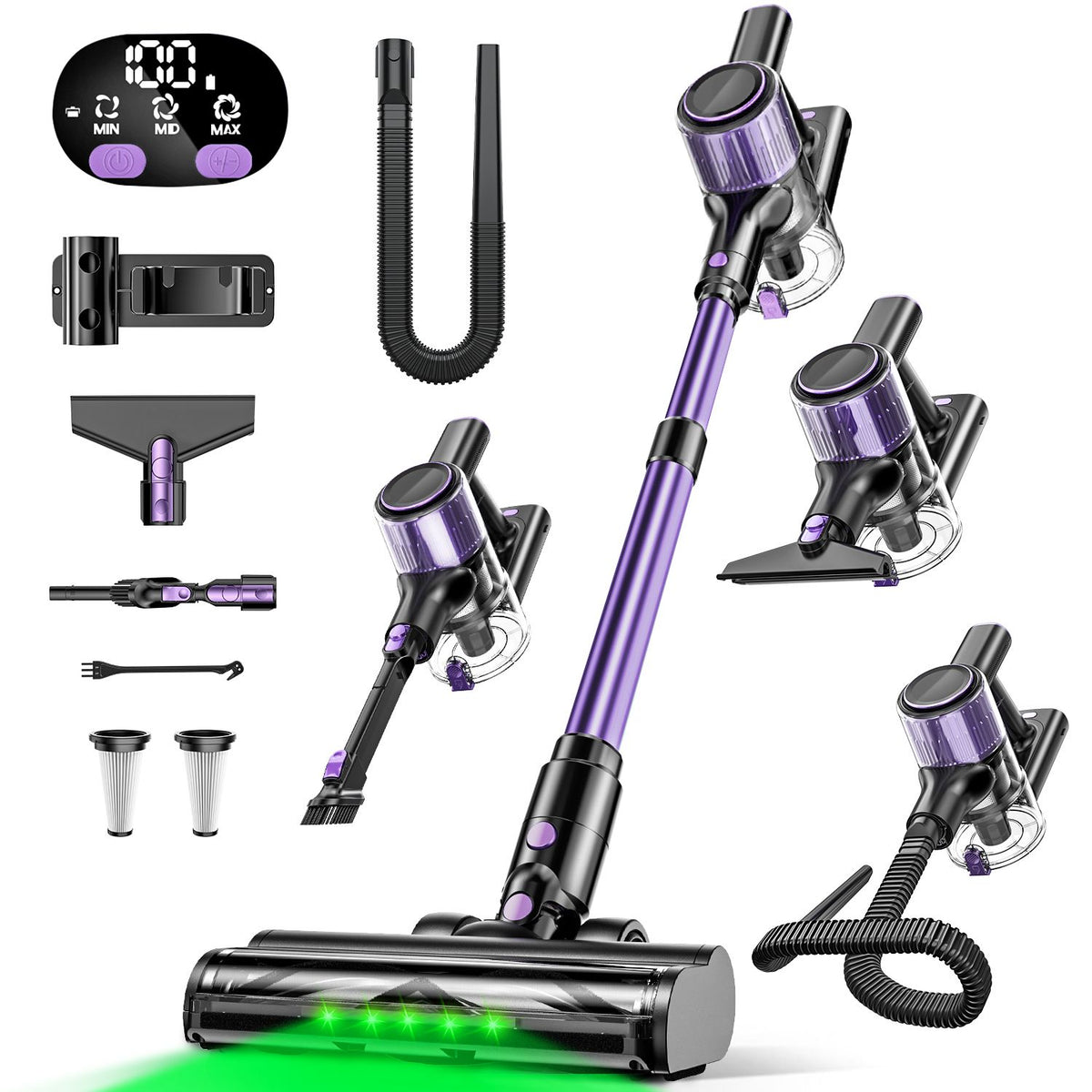 Cordless Vacuum Cleaner, 10 in 1 Stick Vacuum with Powerful Suction, Hose, Green LED