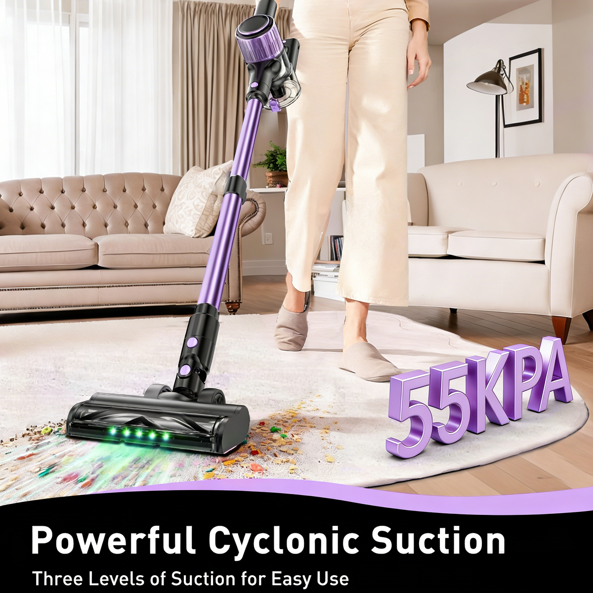 Cordless Vacuum Cleaner, 10 in 1 Stick Vacuum with Powerful Suction, Hose, Green LED