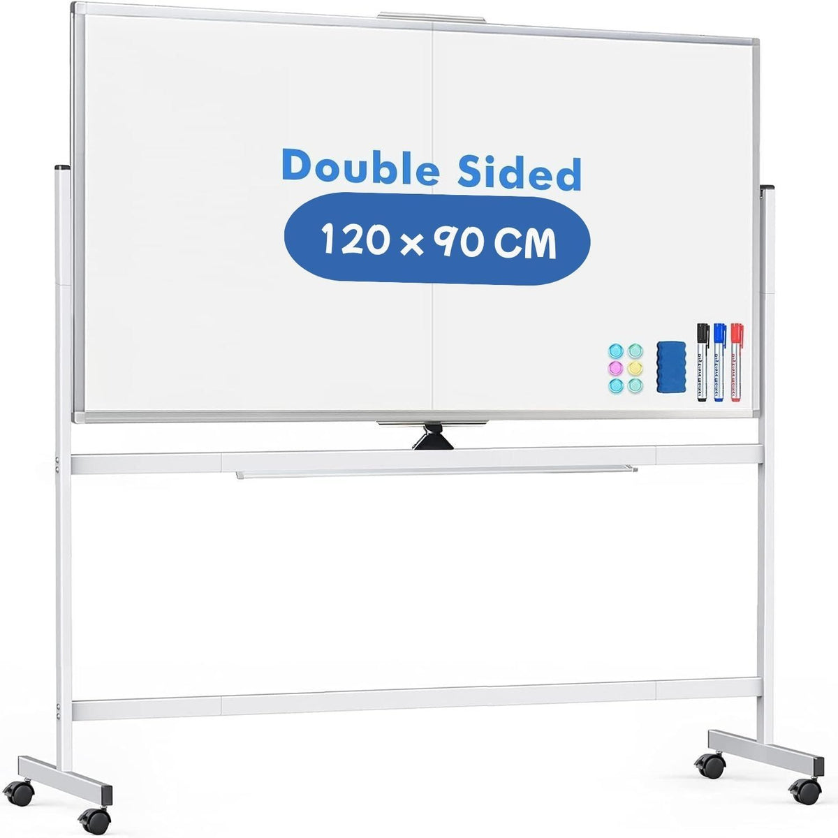 Double-Sided Magnetic Whiteboard 120x90cm with Wheels, Reversible Design for School,
