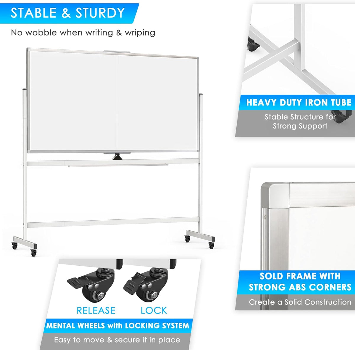 Double-Sided Magnetic Whiteboard 120x90cm with Wheels, Reversible Design for School,