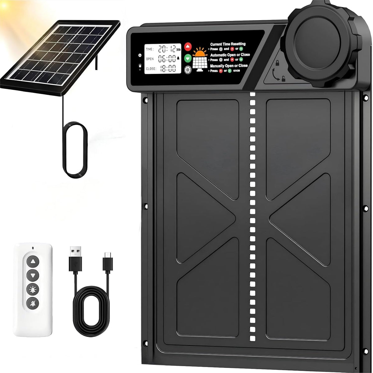 Solar Automatic Chicken Coop Door with Timer, Light Sensor, Remote Control, Anti-Pinch,