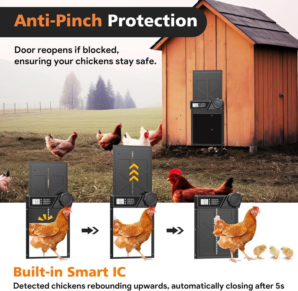 Solar Automatic Chicken Coop Door with Timer, Light Sensor, Remote Control, Anti-Pinch,