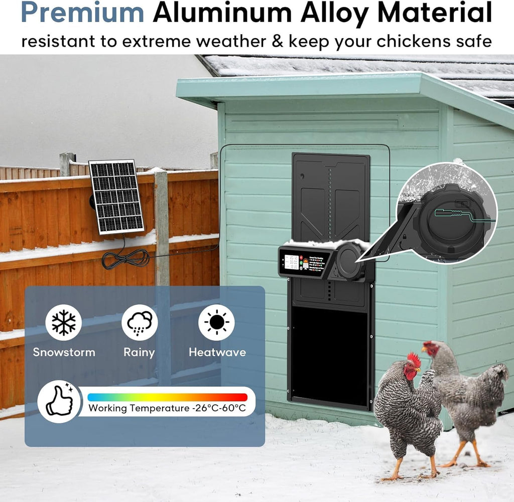 Solar Automatic Chicken Coop Door with Timer, Light Sensor, Remote Control, Anti-Pinch,