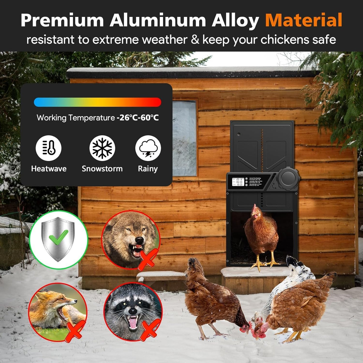 Solar Automatic Chicken Coop Door with Timer, Light Sensor, Remote Control, Anti-Pinch,