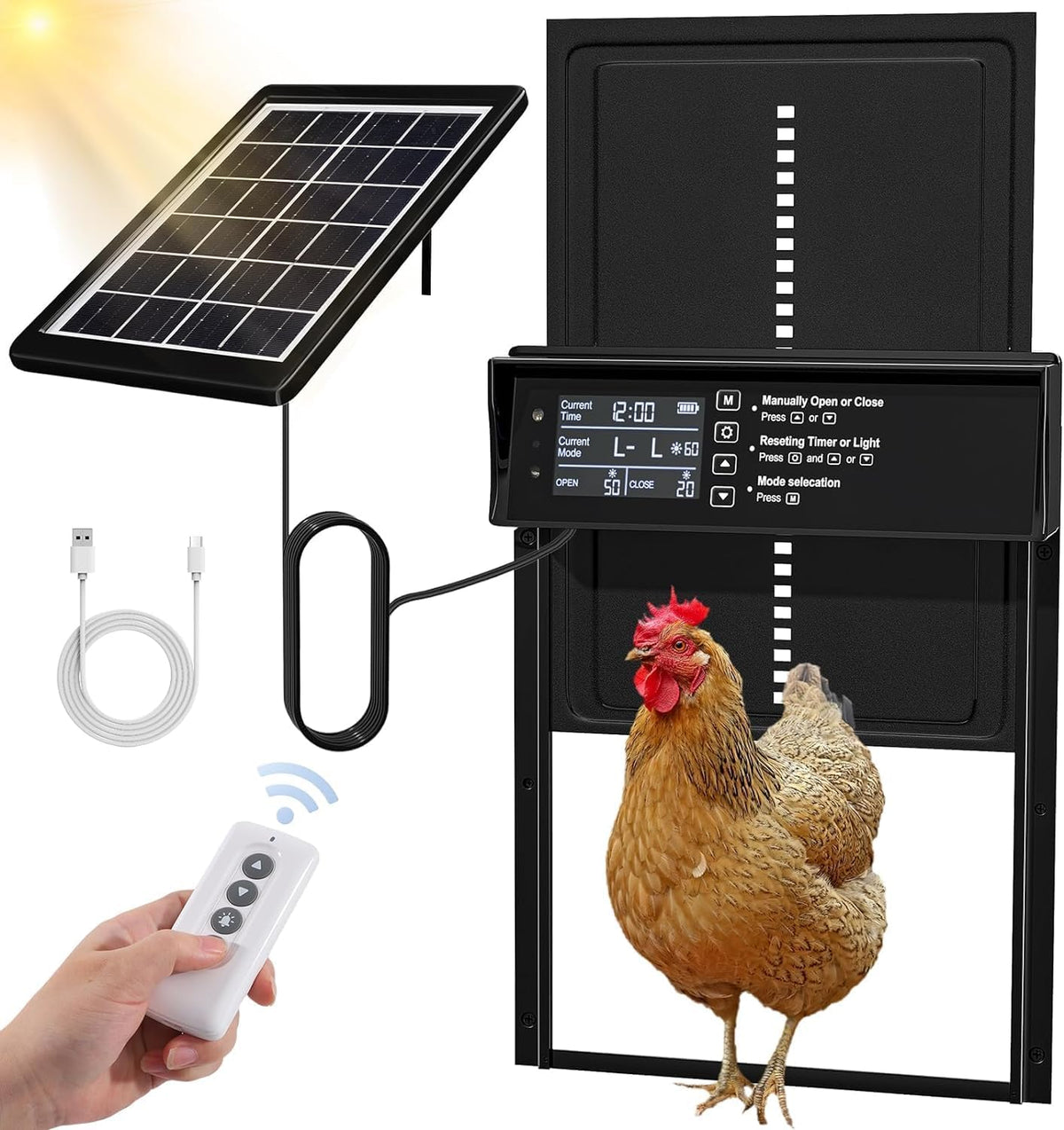 Automatic Chicken Coop Door Solar Powered with 4 Mode Timer & Light Sensor, Anti-Pinch &