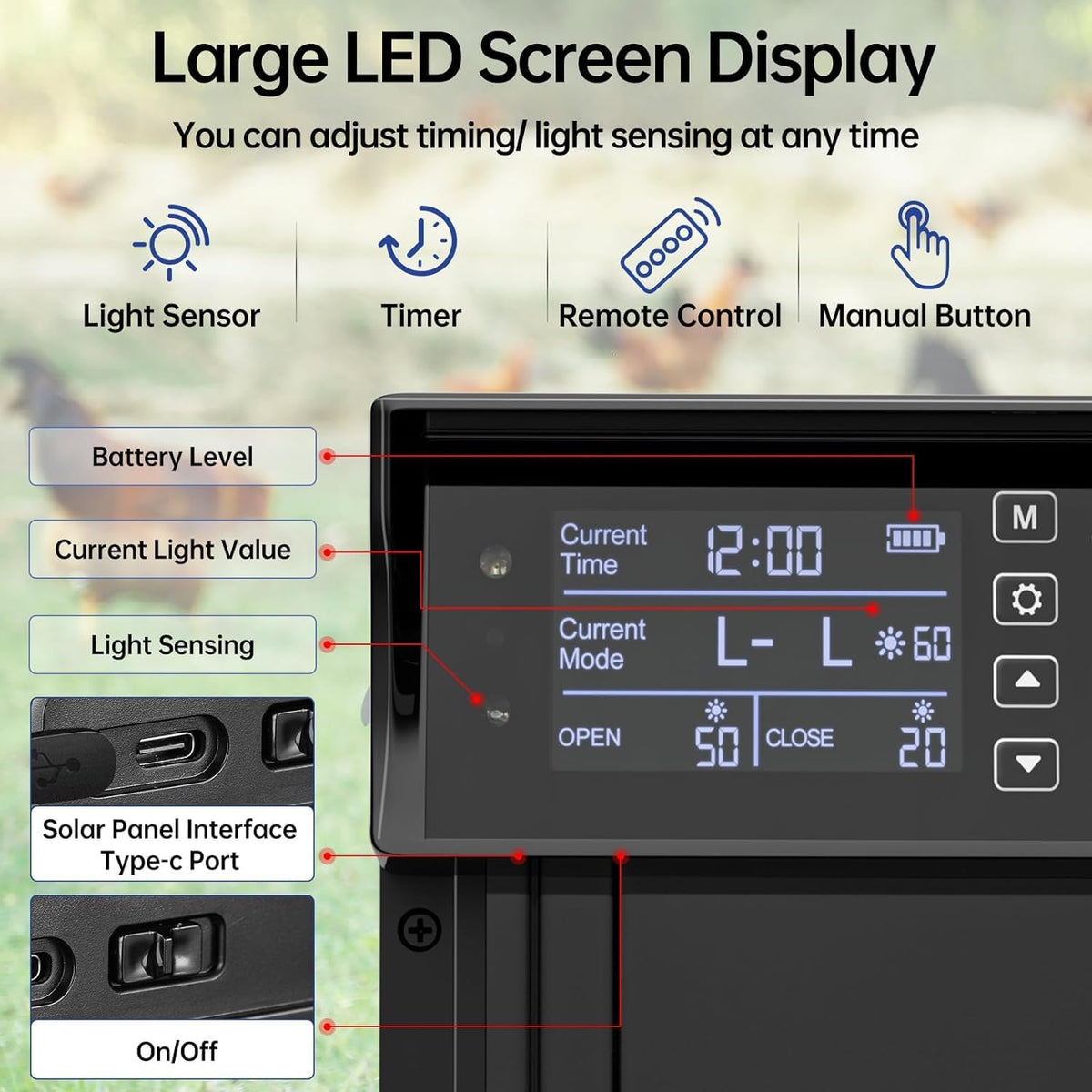 Automatic Chicken Coop Door Solar Powered with 4 Mode Timer & Light Sensor, Anti-Pinch &