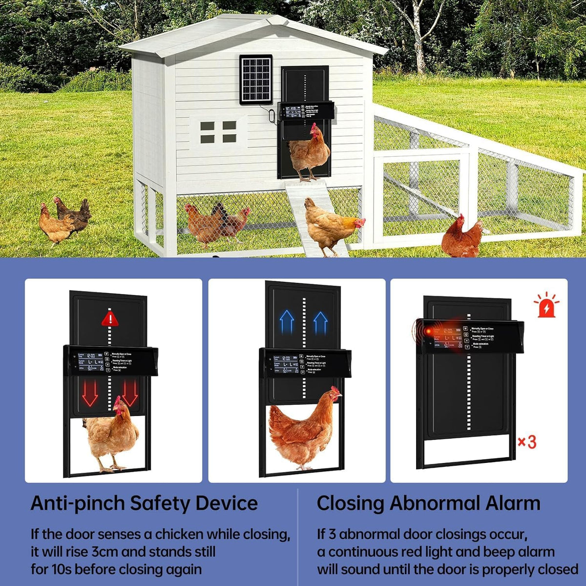 Automatic Chicken Coop Door Solar Powered with 4 Mode Timer & Light Sensor, Anti-Pinch &
