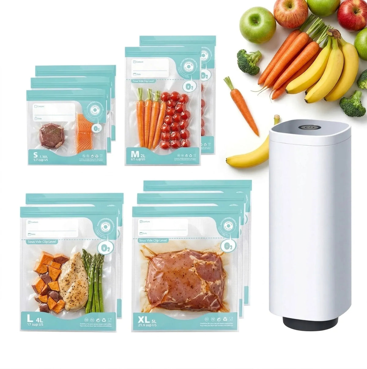 Automatic Vacuum Sealer Kit - 10 Reusable Bags - White - Food Vacuum Set