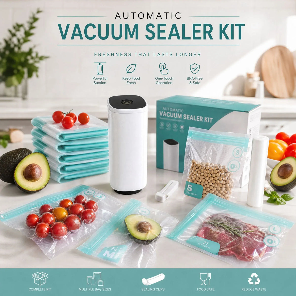 Automatic Vacuum Sealer Kit - 10 Reusable Bags - White - Food Vacuum Set
