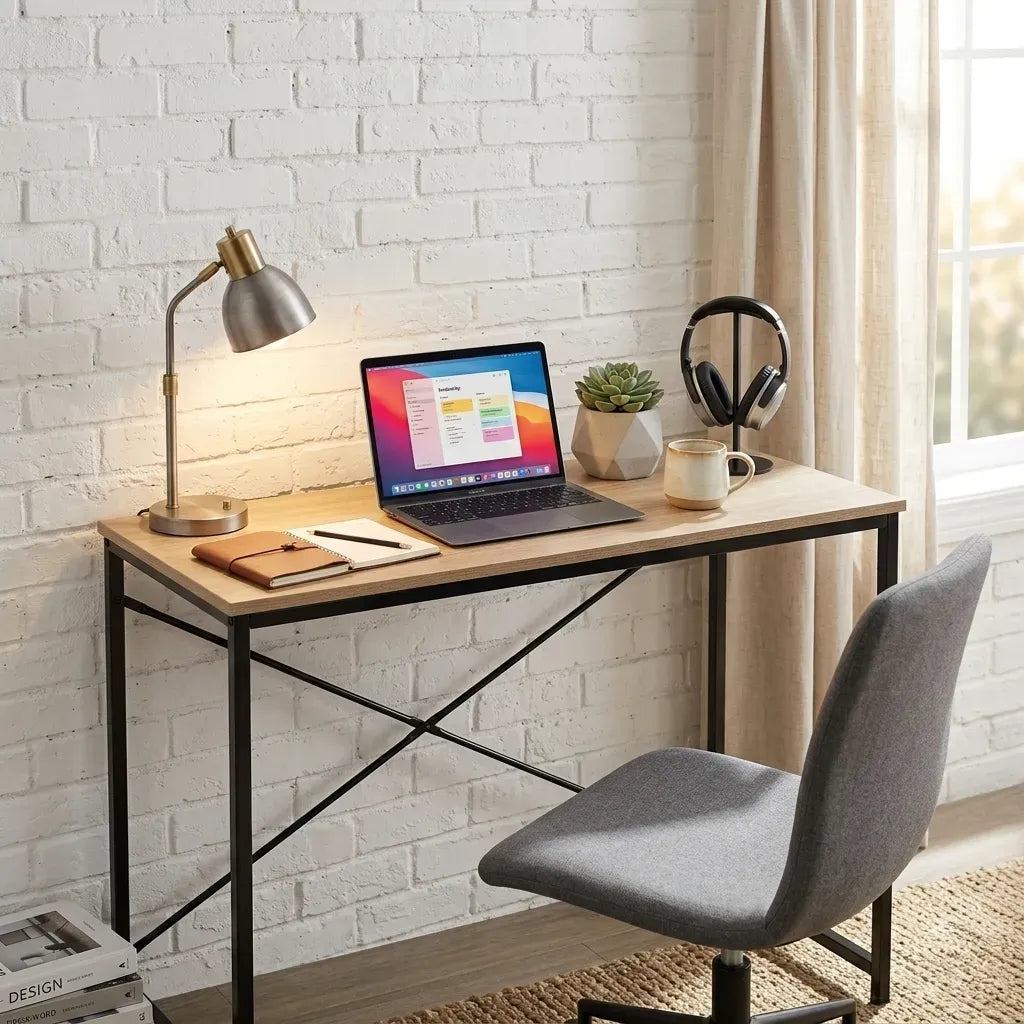 Office Desk Computer Table - Metal Frame - Oak - 100cm - Brown - Rustic