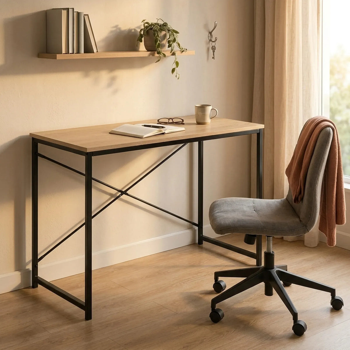 Office Desk Computer Table - Metal Frame - Oak - 100cm - Brown - Rustic