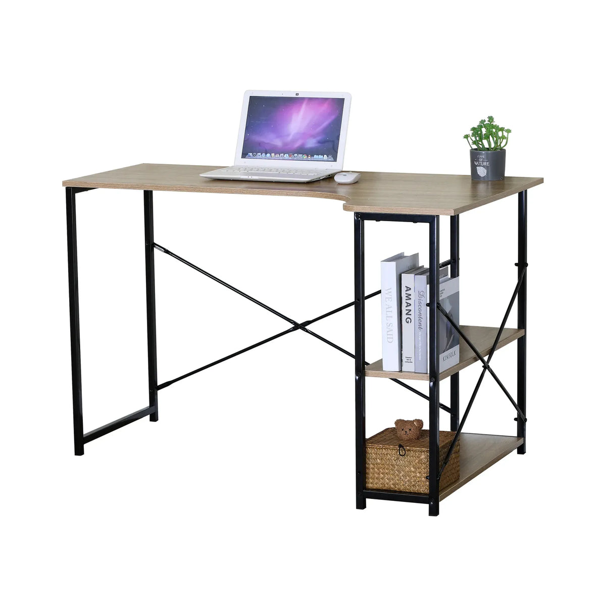 Office Desk with 2 Shelves - Metal Frame - Natural - 120cm - Brown - Rustic