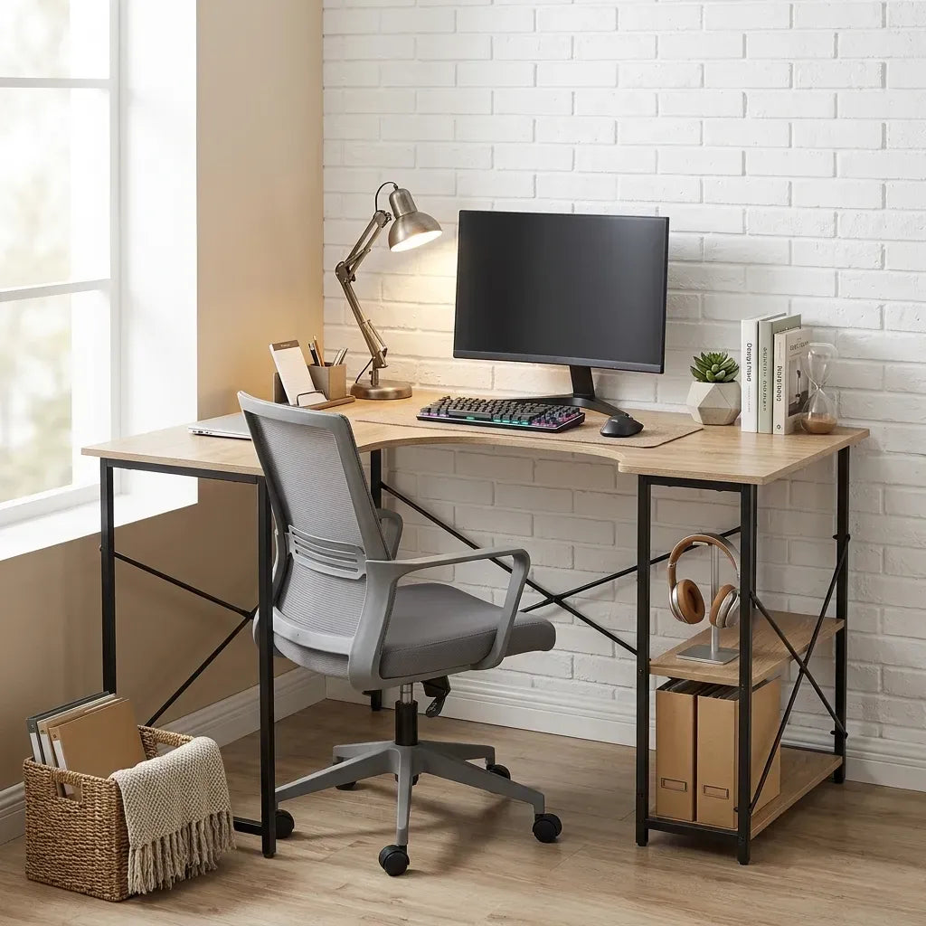 Office Desk with 2 Shelves - Metal Frame - Natural - 120cm - Brown - Rustic