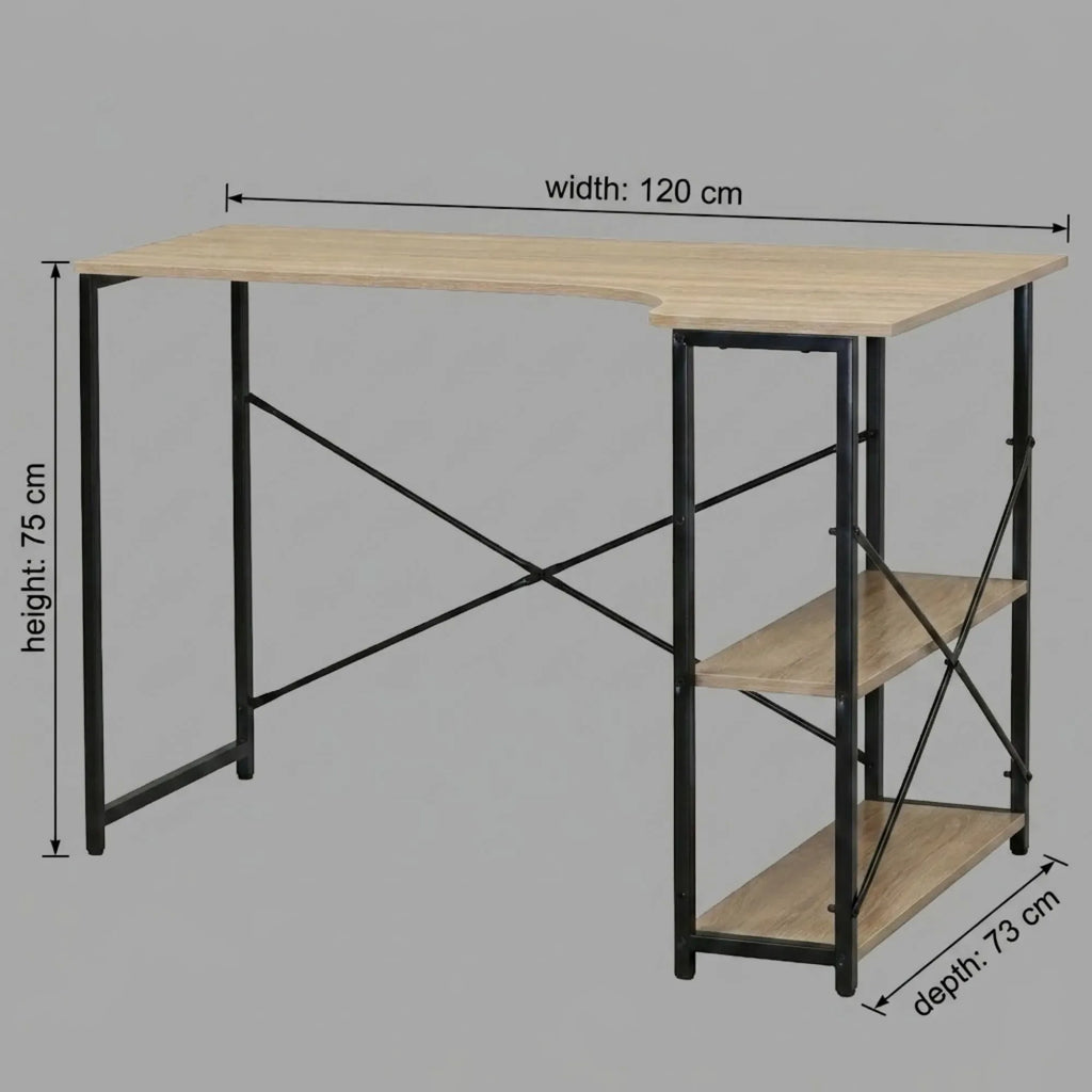 Office Desk with 2 Shelves - Metal Frame - Natural - 120cm - Brown - Rustic
