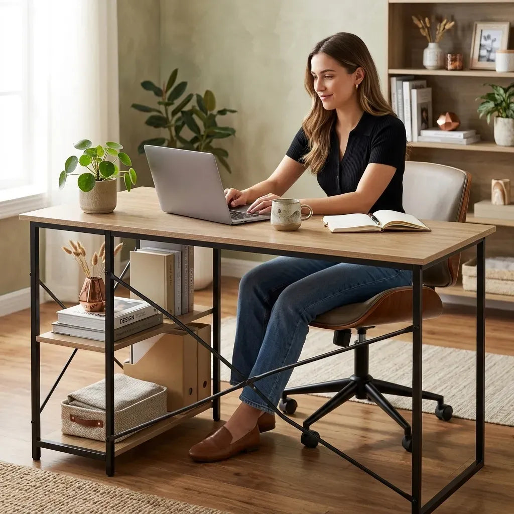 Office Desk with 2 Shelves - Metal Frame - Natural - 120cm - Brown - Rustic