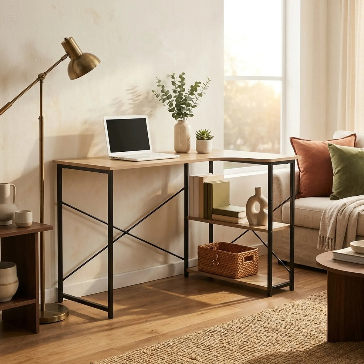Office Desk with 2 Shelves - Metal Frame - Natural - 120cm - Brown - Rustic