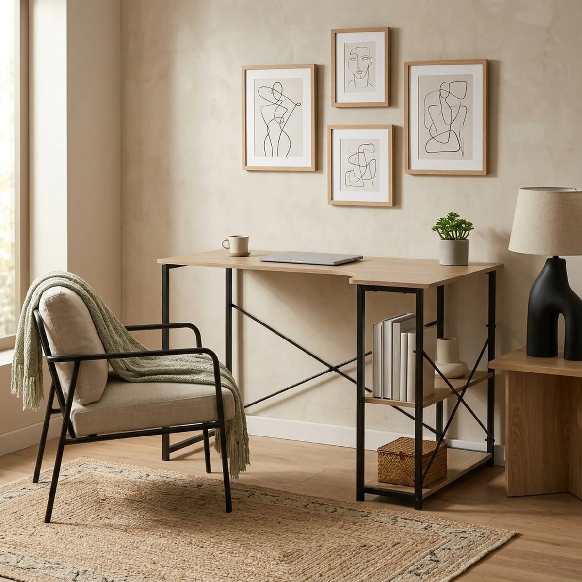 Office Desk with 2 Shelves - Metal Frame - Natural - 120cm - Brown - Rustic