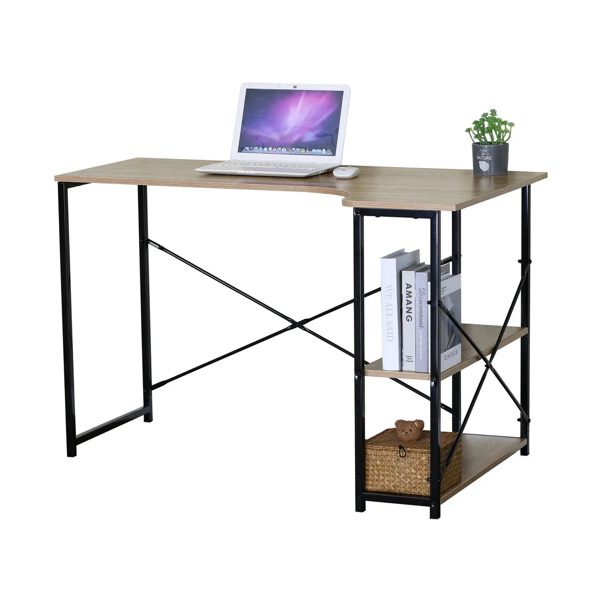 Office Desk with 2 Shelves - Metal Frame - Natural - 120cm - Brown - Rustic