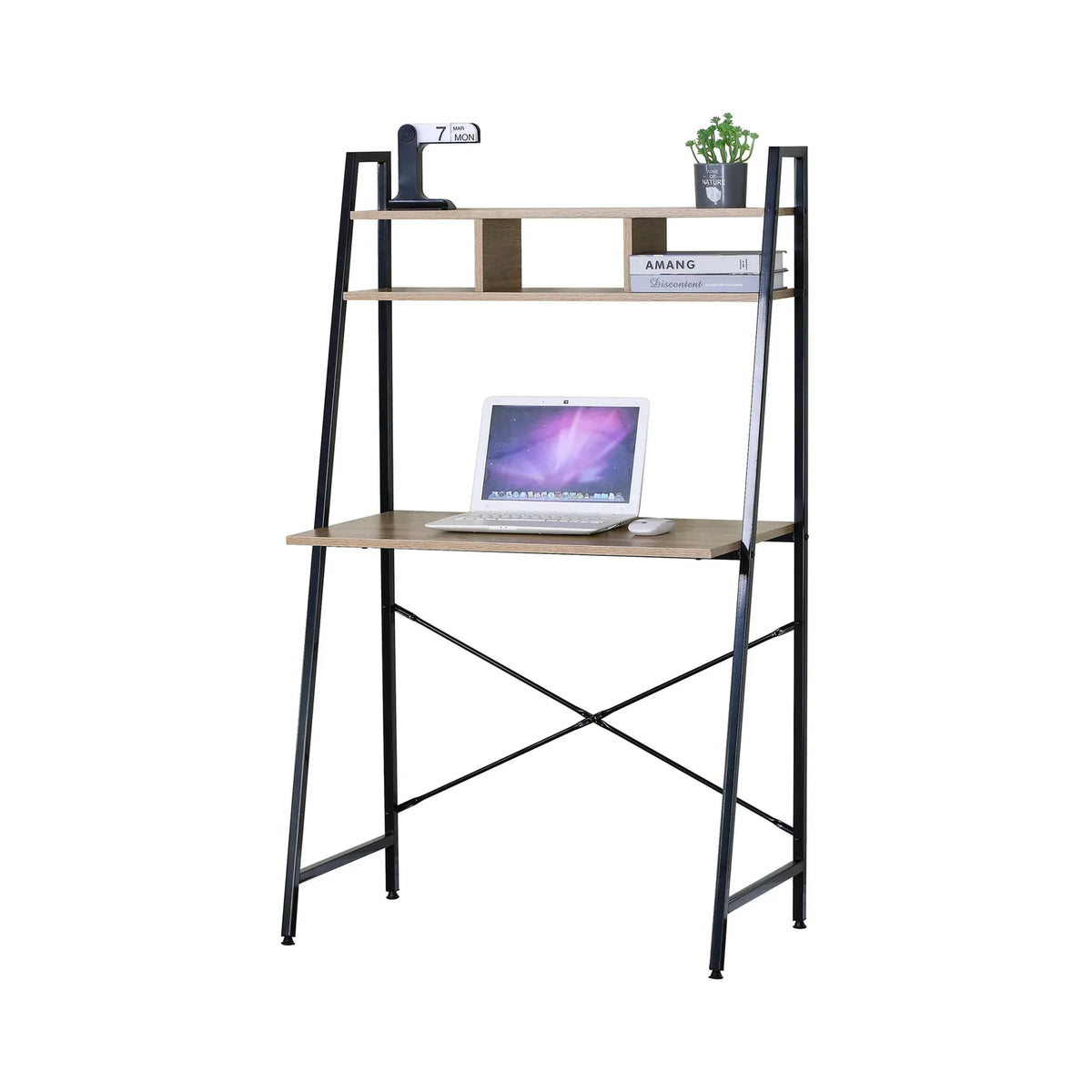 Ladder Desk with Shelves - Steel Frame - Oak - 84cm - Brown - Study Desk