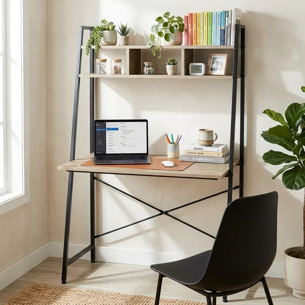 Ladder Desk with Shelves - Steel Frame - Oak - 84cm - Brown - Study Desk