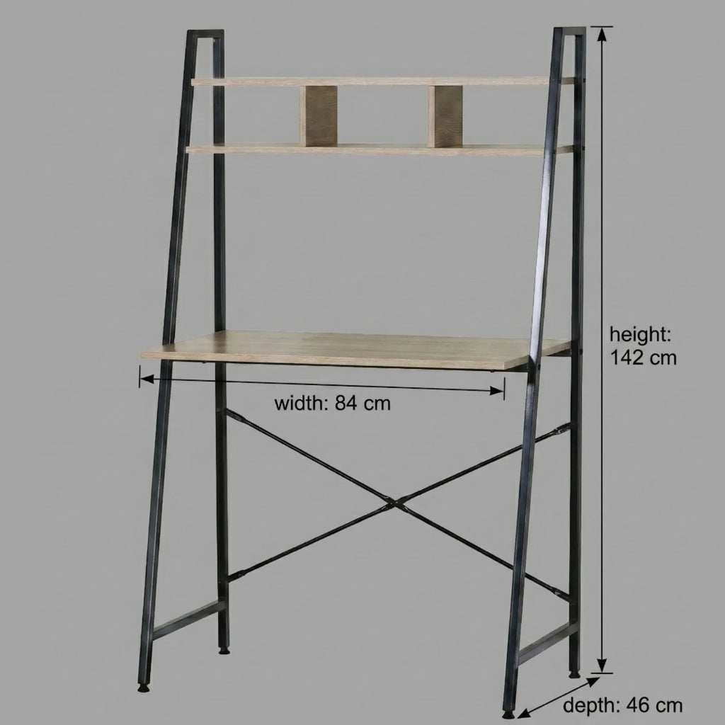 Ladder Desk with Shelves - Steel Frame - Oak - 84cm - Brown - Study Desk