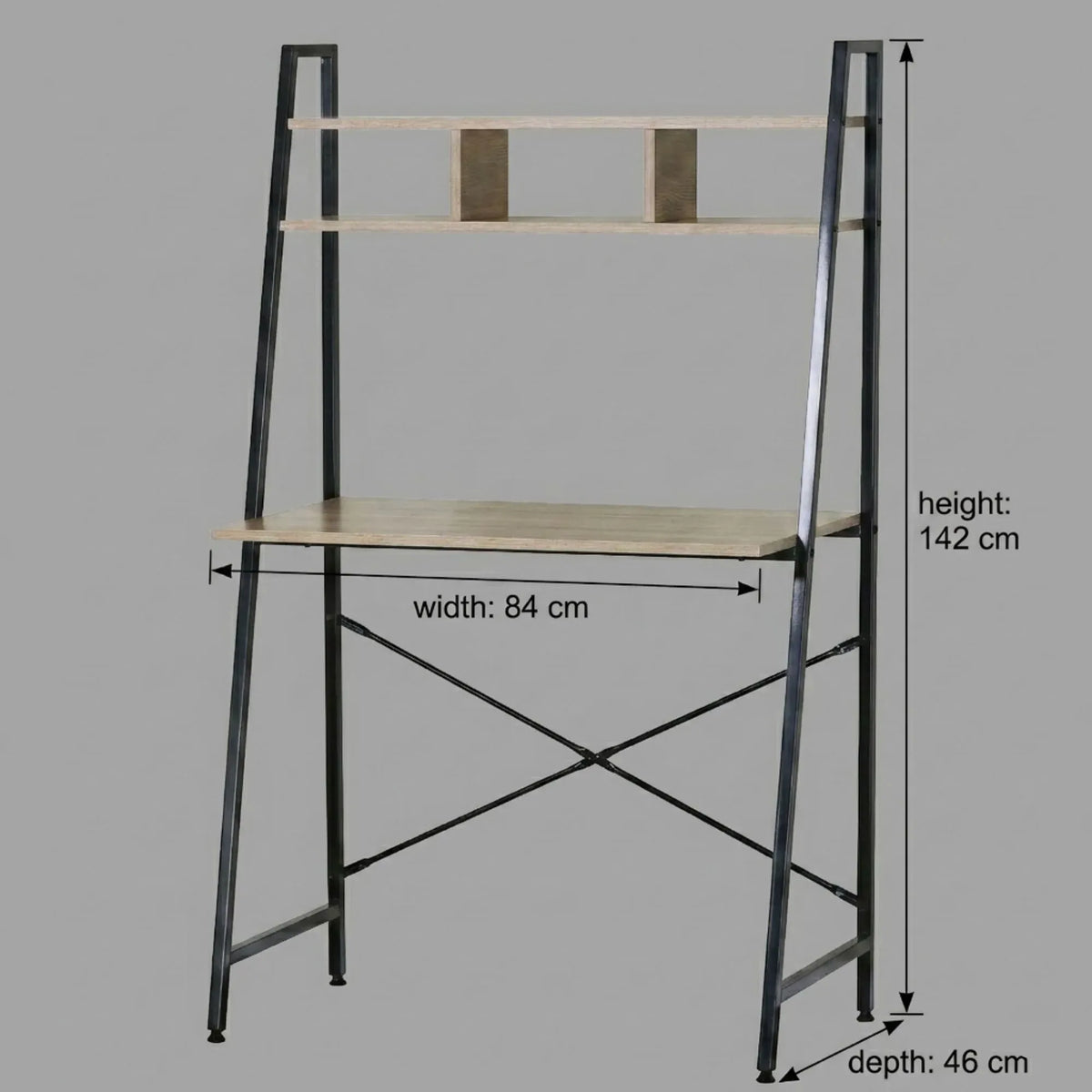 Ladder Desk with Shelves - Steel Frame - Oak - 84cm - Brown - Study Desk
