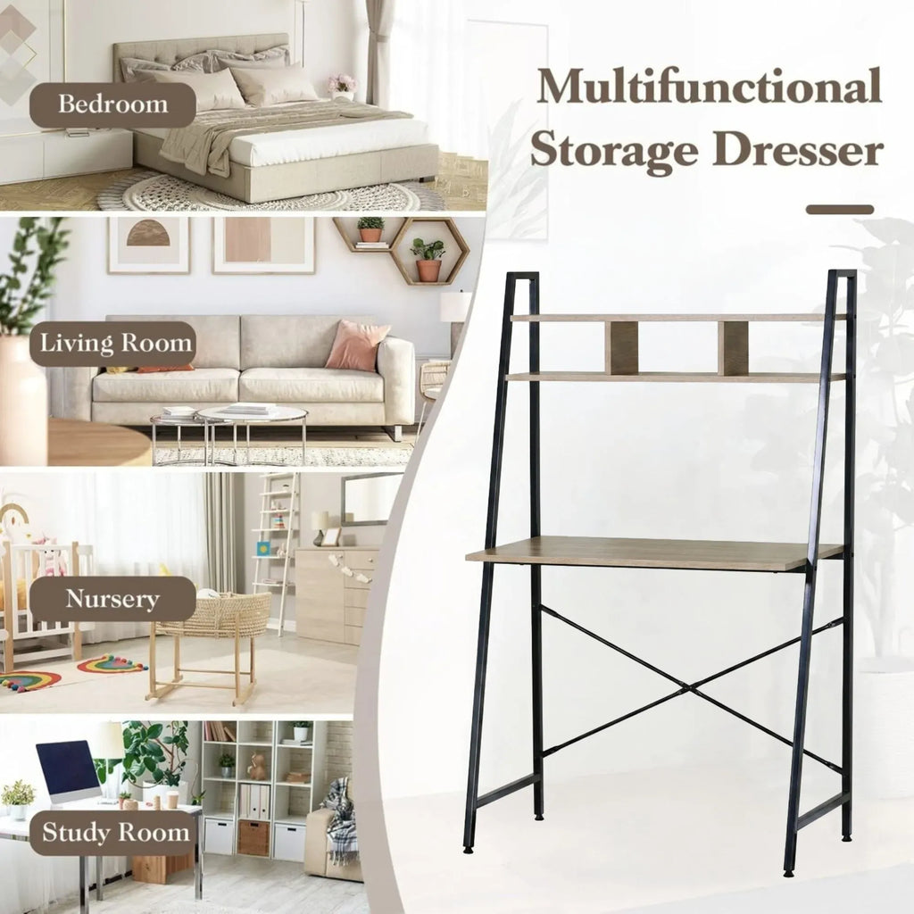 Ladder Desk with Shelves - Steel Frame - Oak - 84cm - Brown - Study Desk