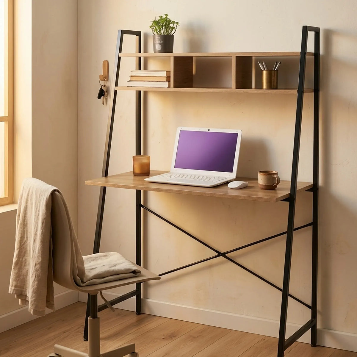 Ladder Desk with Shelves - Steel Frame - Oak - 84cm - Brown - Study Desk