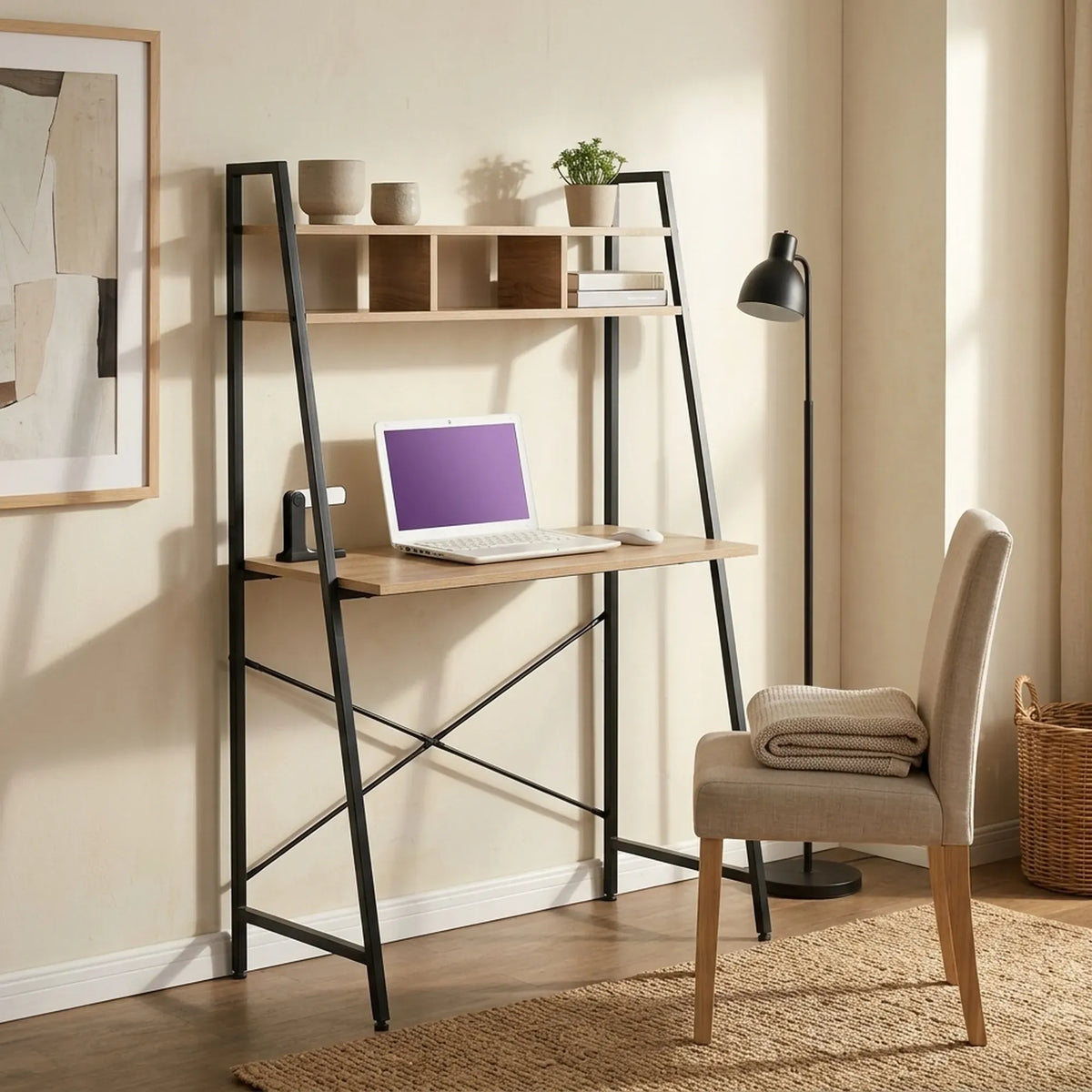 Ladder Desk with Shelves - Steel Frame - Oak - 84cm - Brown - Study Desk