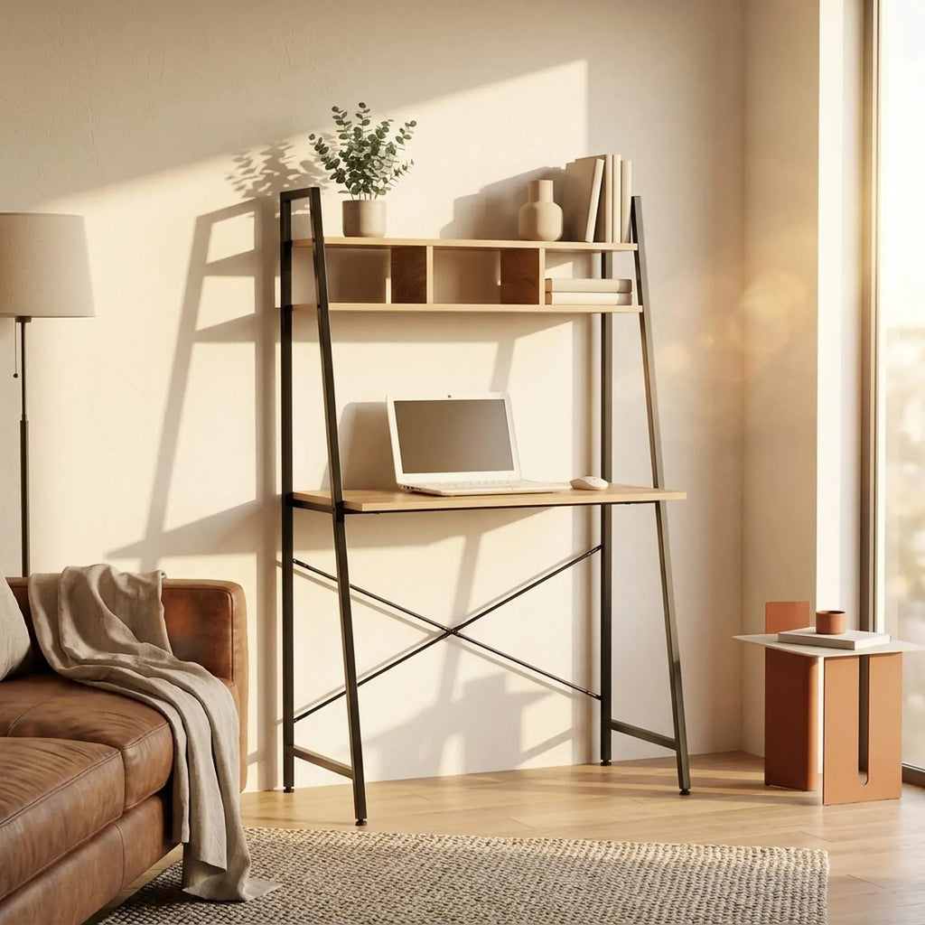Ladder Desk with Shelves - Steel Frame - Oak - 84cm - Brown - Study Desk