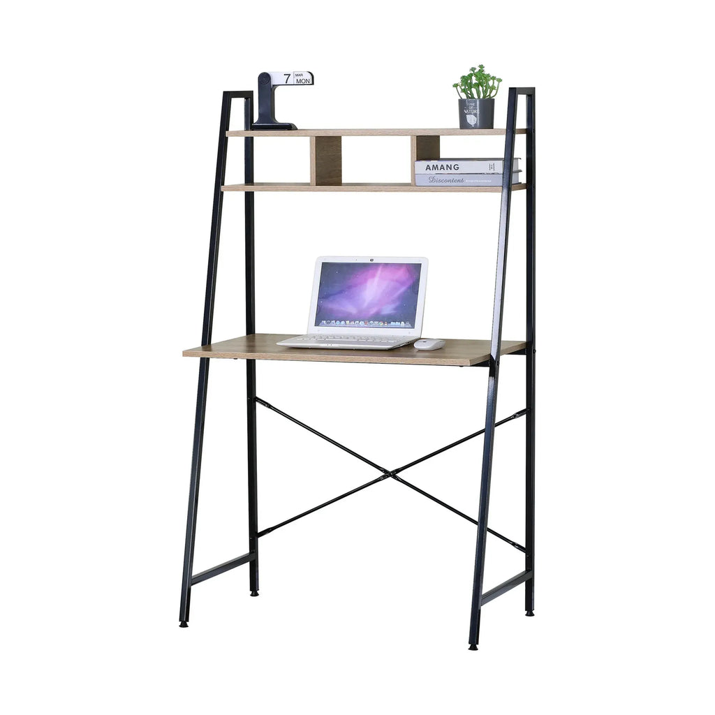 Ladder Desk with Shelves - Steel Frame - Oak - 84cm - Brown - Study Desk