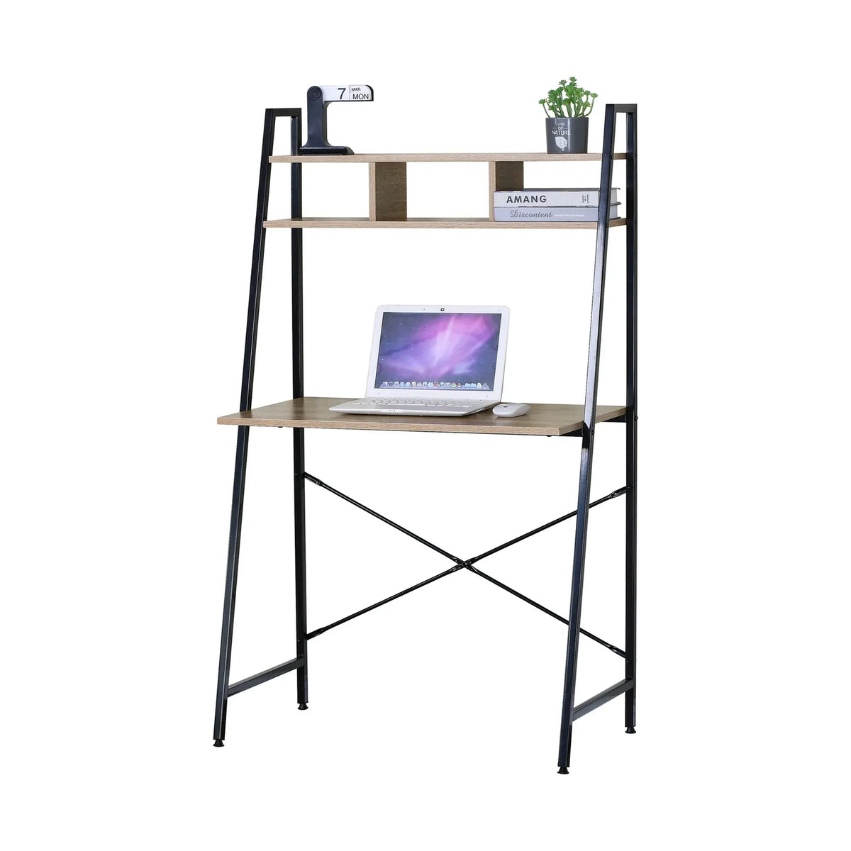 Ladder Desk with Shelves - Steel Frame - Oak - 84cm - Brown - Study Desk