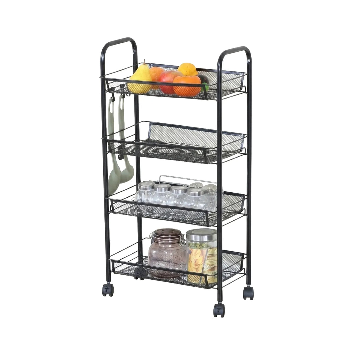 4 Tier Rolling Kitchen Trolley Cart - Metal Mesh - Black - Basic - Steel