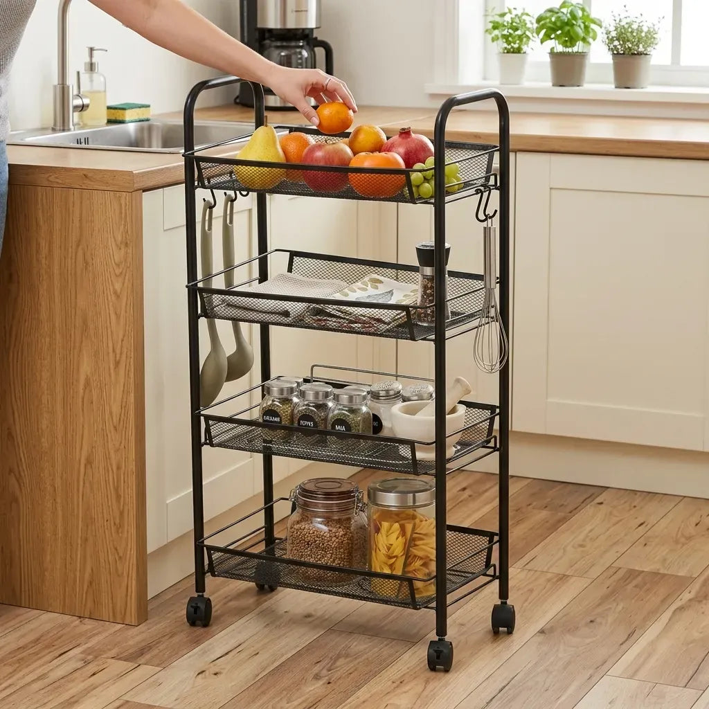 4 Tier Rolling Kitchen Trolley Cart - Metal Mesh - Black - Basic - Steel