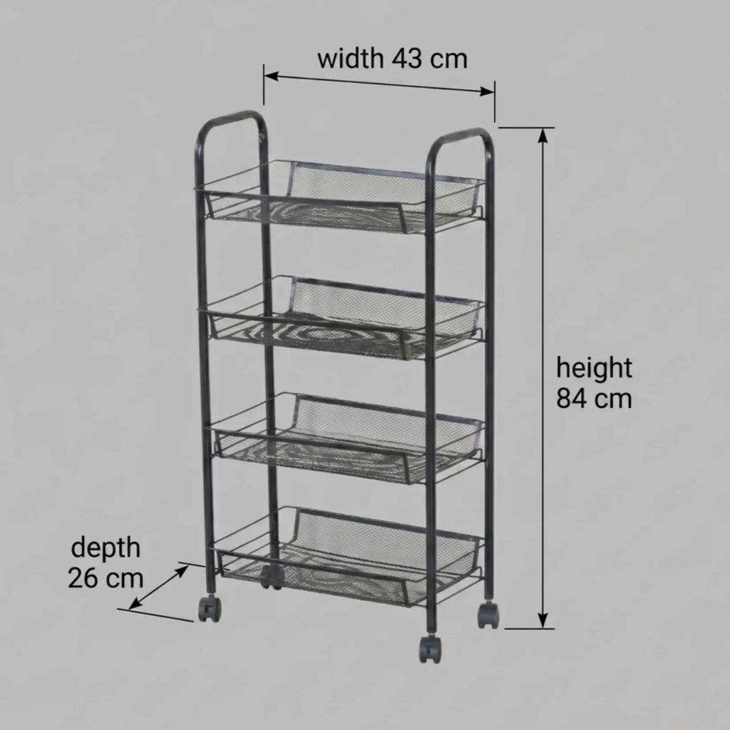 4 Tier Rolling Kitchen Trolley Cart - Metal Mesh - Black - Basic - Steel
