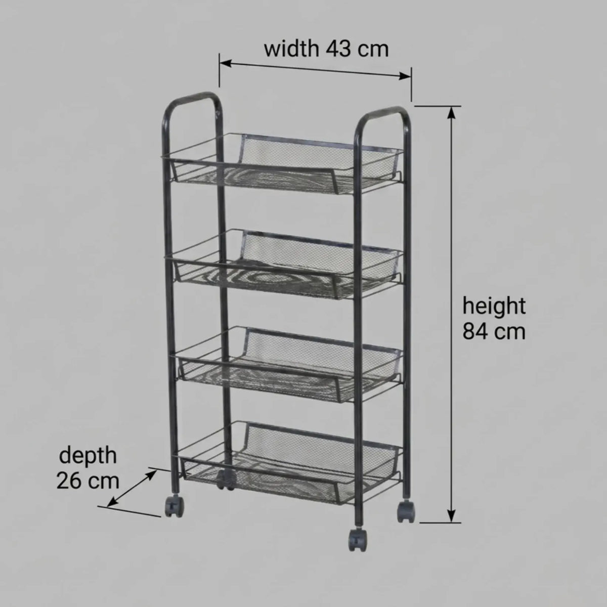 4 Tier Rolling Kitchen Trolley Cart - Metal Mesh - Black - Basic - Steel
