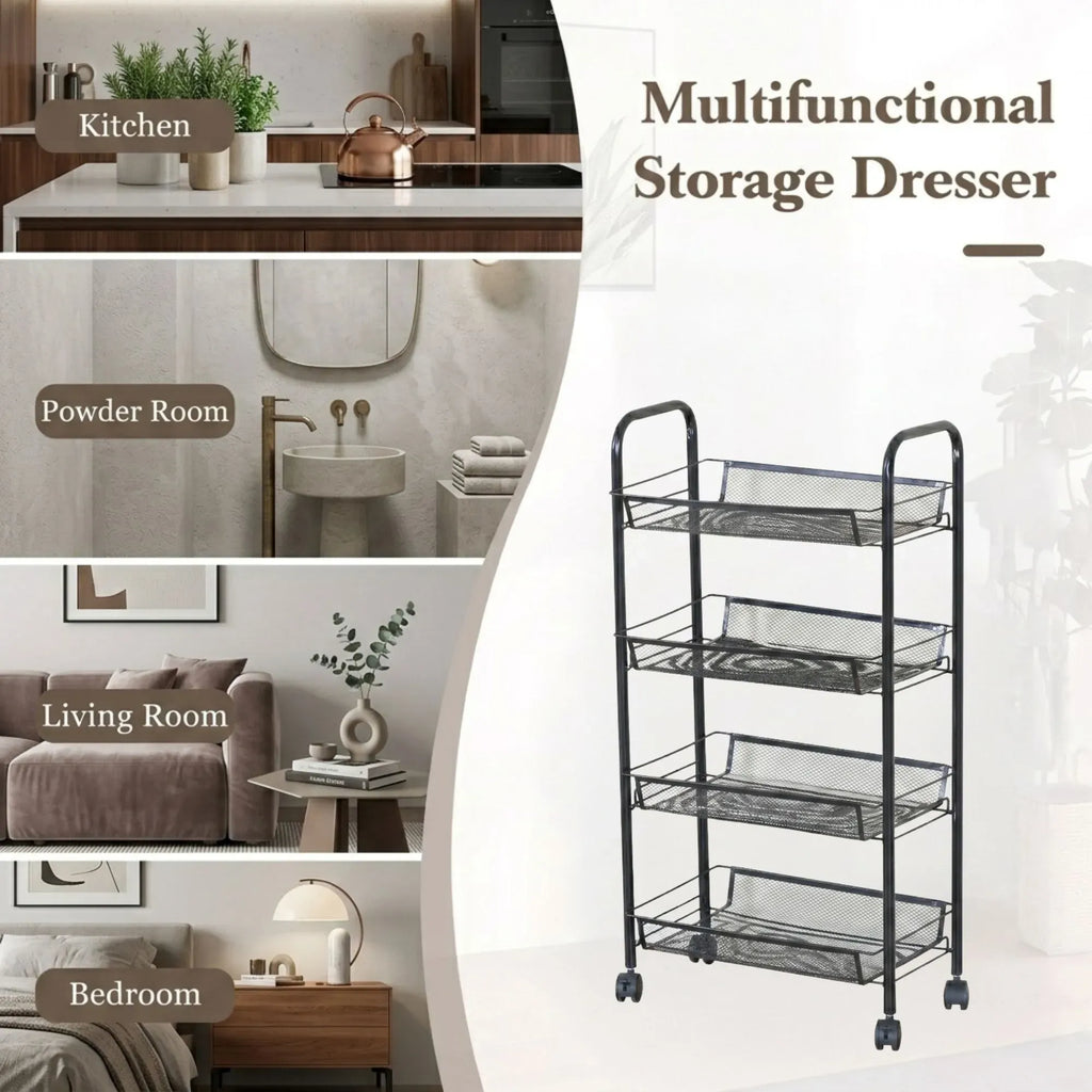 4 Tier Rolling Kitchen Trolley Cart - Metal Mesh - Black - Basic - Steel