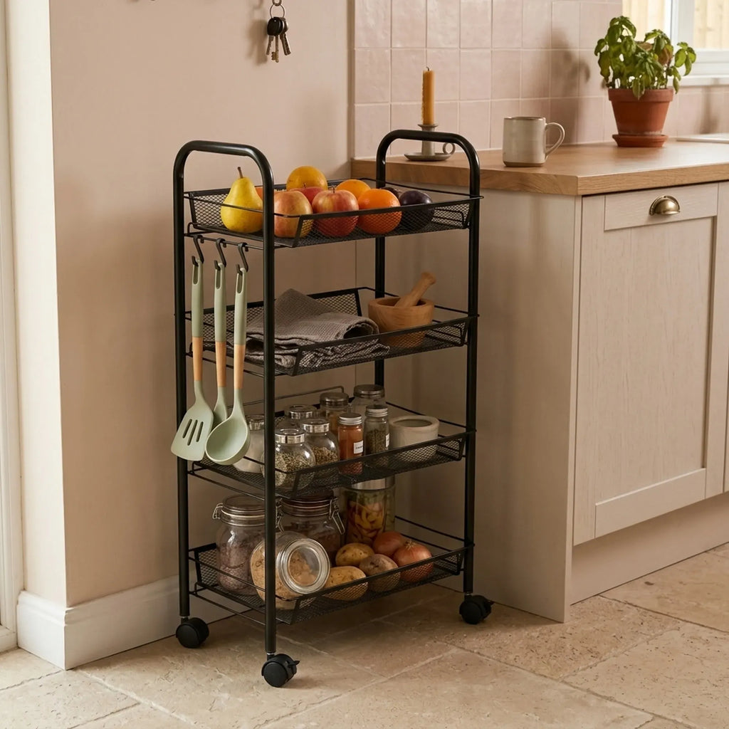 4 Tier Rolling Kitchen Trolley Cart - Metal Mesh - Black - Basic - Steel