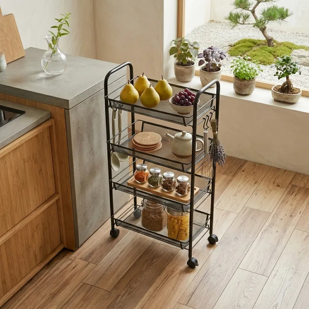 4 Tier Rolling Kitchen Trolley Cart - Metal Mesh - Black - Basic - Steel