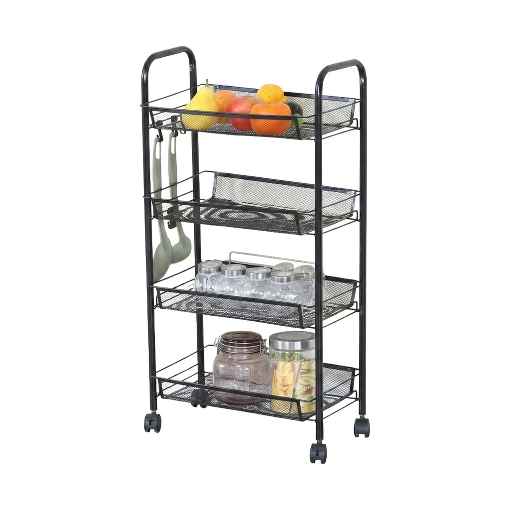 4 Tier Rolling Kitchen Trolley Cart - Metal Mesh - Black - Basic - Steel